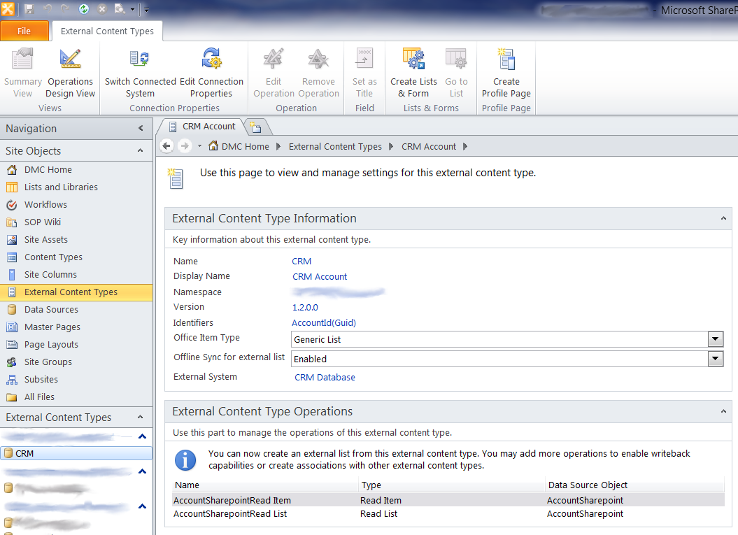 Configure your External Content Type by clicking on the link to the right of External System